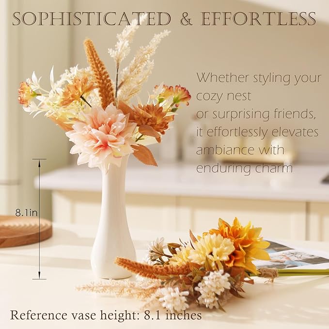 Fake Flower Bouquet, Faux Flower Arrangement for Decorating Kitchens, Bedrooms, Bathrooms, Realistic Artificial Flowers Made of Silk & Plastic, Floral Decoration with Dahlia & Small Blossoms