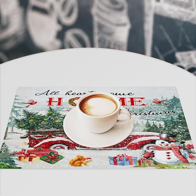 Merry Christmas Placemats Buffalo Plaid Red Truck with Christmas Tree, Winter Snowy Snowflake Snowman Placemats Table Kitchen Dining Party 12x18 Inch Set of 4