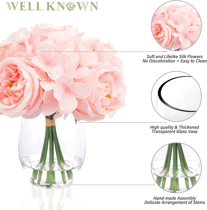 Silk Peonies Artificial Flowers with Hydrangea in Glass Vase with Fake Water, Fake Austin Rose Bouquet with Vase for Home Hotel Office Wedding Party Decor as Table Centerpieces & Gift (Blush Pink)