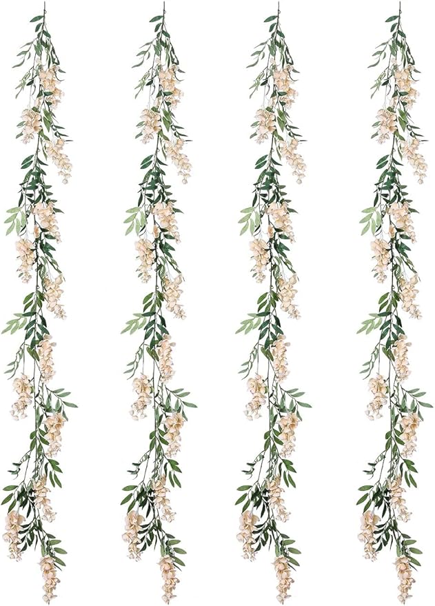 Duovlo 4Pcs 6.6Ft/Piece Imitation Silk Wisteria Garland Hanging Flower Vine for Home Outdoor Garden Ceremony Wedding Arch Floral Decor (Champagne)
