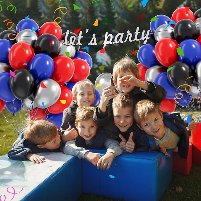 60pcs Spider Theme Balloons, Black Silver Red and Blue Balloons for Baby Shower Spider Theme Birthday Party Decorations
