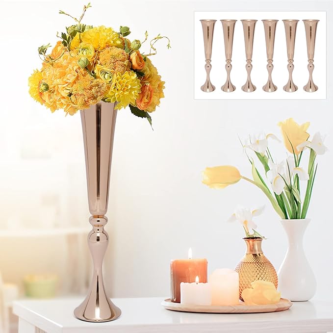 6 PcsTall Gold Trumpet Wedding Flower Vases, 22'' Metal Versatile Centerpieces, Tabletop Flower Stand for Wedding Anniversary Birthday Party Decorations Home Event Decor