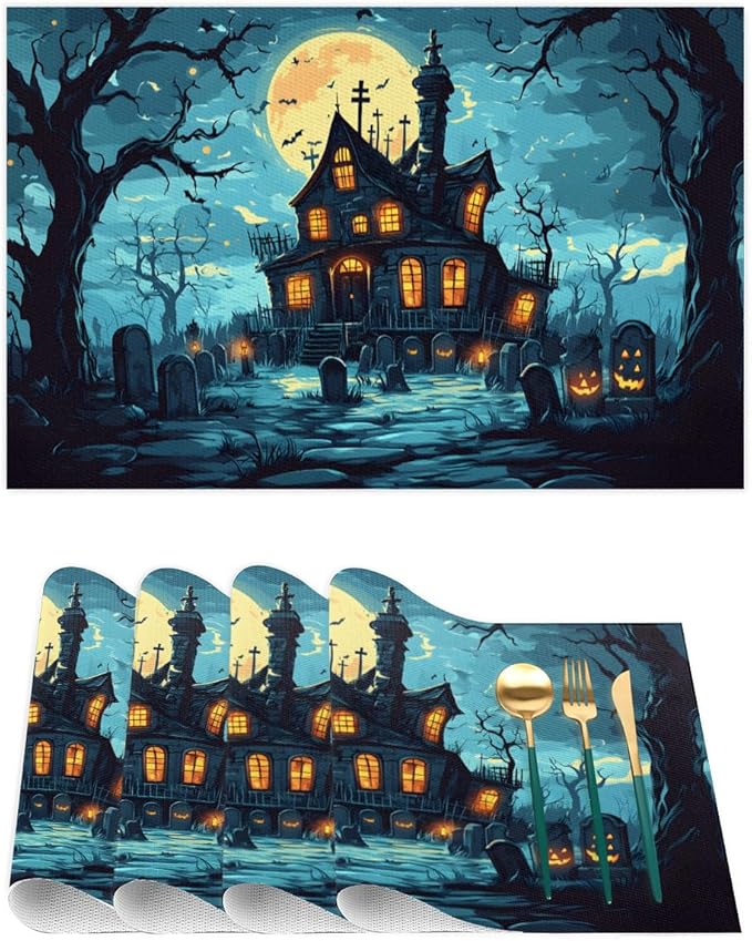 Halloween Castle Moon Scary Placemats Set of 4 PVC Vinyl Non Slip Table Mats Heat Resistant Place Mats Washable Wipeable Dining Table Mat for Kitchen Decor Party Indoor Outdoor Decorative Gift