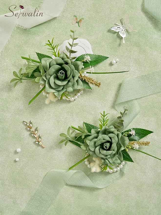 Serwalin Set of 2 Wrist Corsage for Wedding, 6-7inch Corsages Wristlet for Bridesmaid Mother Grandmother, Artificial Flowers for Prom Ceremony Anniversary, Green