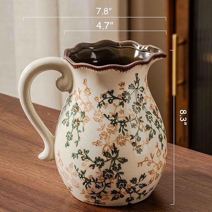 Vintage Ceramic Vase with Handle, Green and Beige Rustic Flower Pitcher Vase for Home Decor, Decorative Vase for Living Room, Bookshelf, Office, Vases for Centerpieces 8 Inch