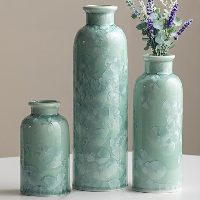 Modern Ceramic Vase Set of 3, Green Crystalline Glaze Colors, Decorative Bottles for Home, Farmhouse Rustic Decor (Crystalline Glaze Green)