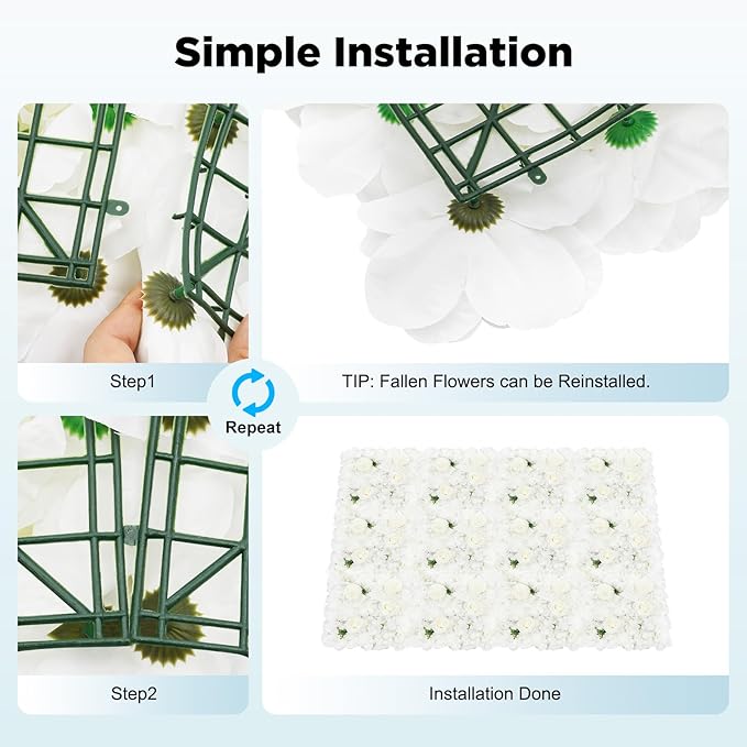 12Pcs Artificial Flower Wall Panel,3D 15" X 15" Silk Rose Mat Artificial Flower Wall,Decorative Backdrop Flower Panels Wall for Wedding Party Stage Baby Shower Decor (White)