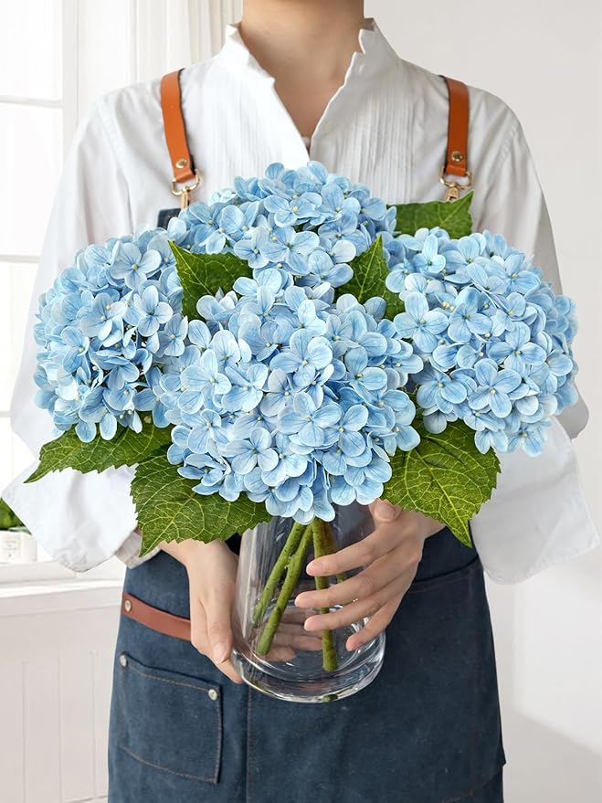 4Pcs Hydrangea Artificial Flowers, 20" Lifelike Latex Silk Real Touch Faux Hydrangea Flowers, Artificial Hydrangeas Bouquet for Wedding Centerpieces Tables Party Home (Sky Blue)