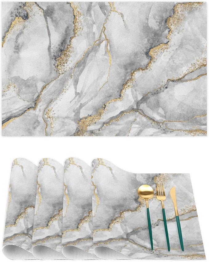 Marble Modern Texture Grey Placemats Set of 4 PVC Vinyl Non Slip Table Mats Waterproof Heat Resistant Place Mats Washable Wipeable Dining Table Mat for Kitchen Party Indoor Outdoor Decorative