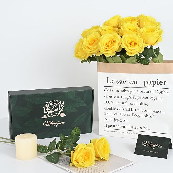 Waipfaru 16 Pcs Mothers Day Fake Roses, Silk Yellow Roses Artificial Flowers with Long Stems for Valentines Day Wedding Bouquet Vase, Cemetery Flowers for Grave (Yellow)