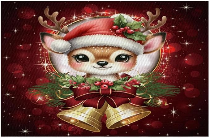 Christmas Xmas Bells Deer Placemats Set of 6 PVC Vinyl Non Slip Table Mats Heat Resistant Place Mats Washable Wipeable Dining Table Mat for Kitchen Decor Party Indoor Outdoor Decorative Gift