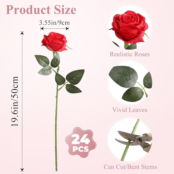 Nubry 24pcs Artificial Silk Roses Bulk,Fake Roses Flower with Stems Realistic Flowers for Wedding Centerpiece Home Party Decor(Red)