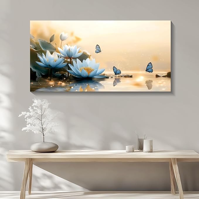 Iallbin Buddha Wall Art & Zen Wall Decor, White Lotus on Water Canvas Painting - for Yoga Meditation Room, Spa & Bathroom, Blue Art Deco Style, 58x29 Inches