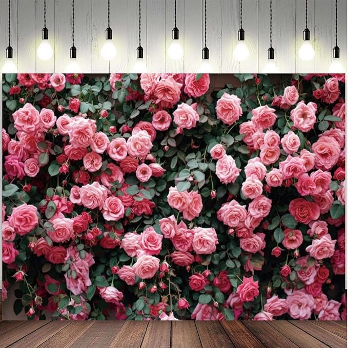 12x8ft Pink Flower Wall Backdrop Roses Floral Background Spring Tea Party Photography Banner for Wedding Birthday Bridal Shower Mother's Day Women's Day Valentine's Day Princess Portraits