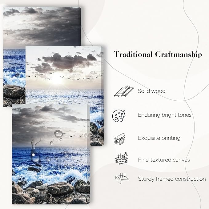 SERIMINO Beach Canvas Wall Art for Living Room, Blue Coastal Wall Decor for Bedroom, Seaside Pictures for Bathroom Wall Decoration, Ocean Painting Set for Office, Home Decor 12"X16"