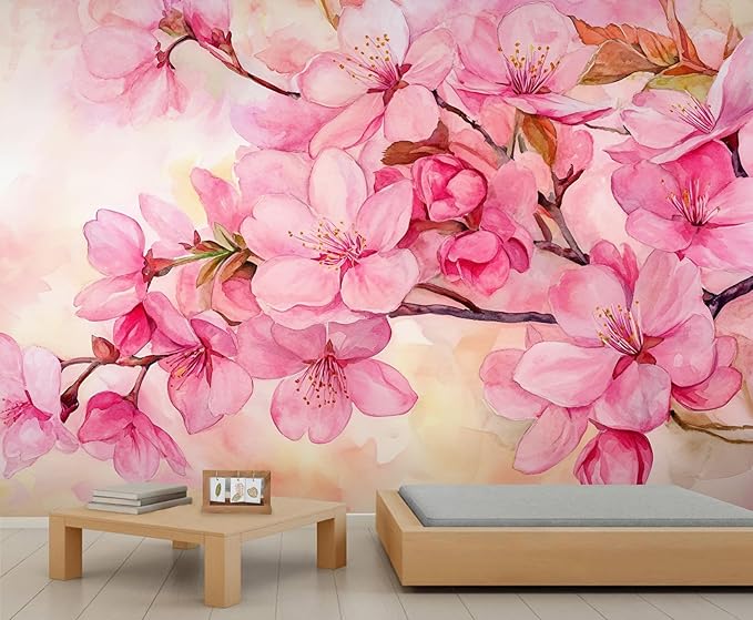 Watercolor Cherry Blossom Wall Mural, Japanese Cherry Blossom 3D Wall Murals, Simple Elegant Flowers Wallpaper Mural, for Living Room Bedroom Large Wallpaper Indoor Decor 98.4" W x68.9 H