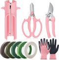 Lasnten 9 Pcs Rose Stripper Thorn Remover Set Include 1 Rose Thorn Stripper Tool 5 Floral Tape 1 Flower Scissor 1 Curve Gardening Scissors 1 Pair Gardening Gloves for Home Wedding Florist(Pink)