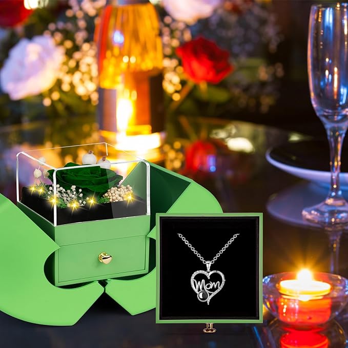 Gifts for Mom from Daughter and Son, Unique Mother Birthday Gift Idea, Preserved Green Real Roses with I Love You in 100 Languages Mom Necklace, Cool Present to Mother Mama-Green