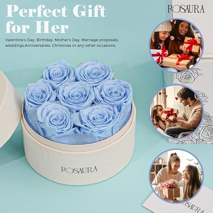 Rosaura Round Preserved Roses Gift Box - Real Forever Flowers for Birthday, Valentine's & Mother's Day (Sky Blue, 7 Roses)