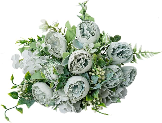 KAOYOO 4 PCS Artificial Peony Bouquet Short Stem for DIY Wedding Decoration Bridal Bouquet Home Decorations(Light Blue 4-PCS)