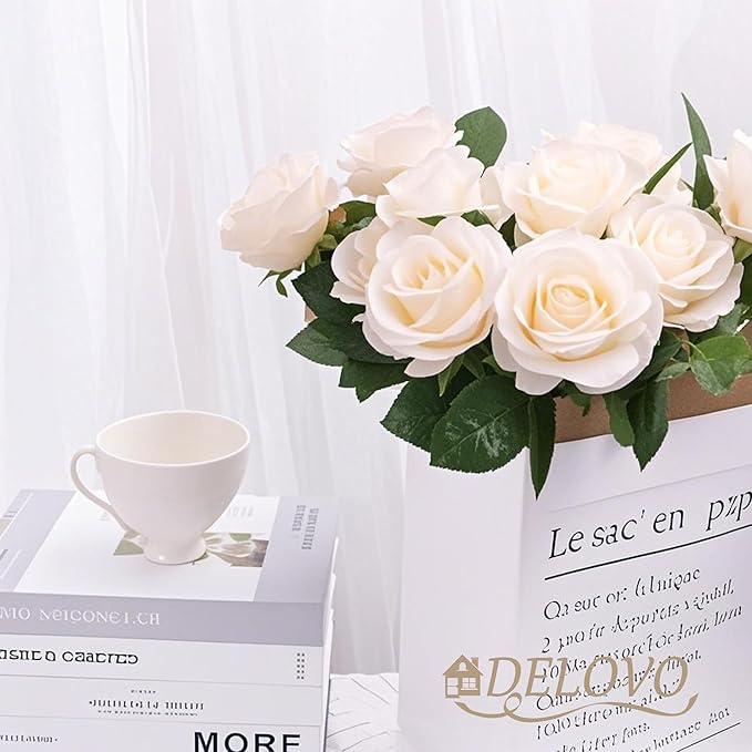 52pcs Champagne Roses Artificial Flowers Fake Flowers Silk Roses with Stems for DIY Wedding Bouquets Bridal Shower Centerpieces Arrangements Party Decorations