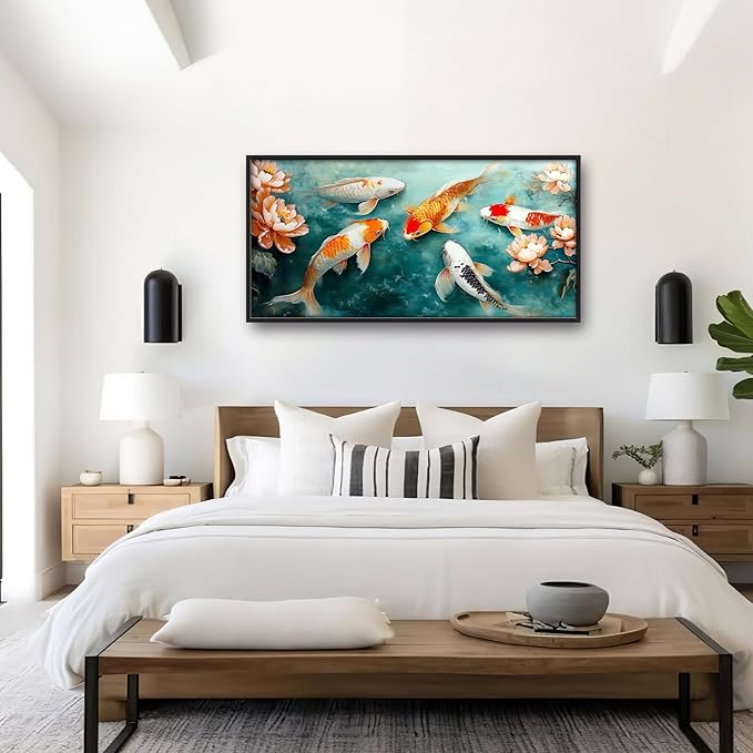Carp Fish Large Wall Art Framed Japanese Wall Decor for Living Room Asian Fish Pictures Oversized Canvas Print Painting Modern Extra Large Framed Artwork for Bedroom Office Home Decor 60"x30"