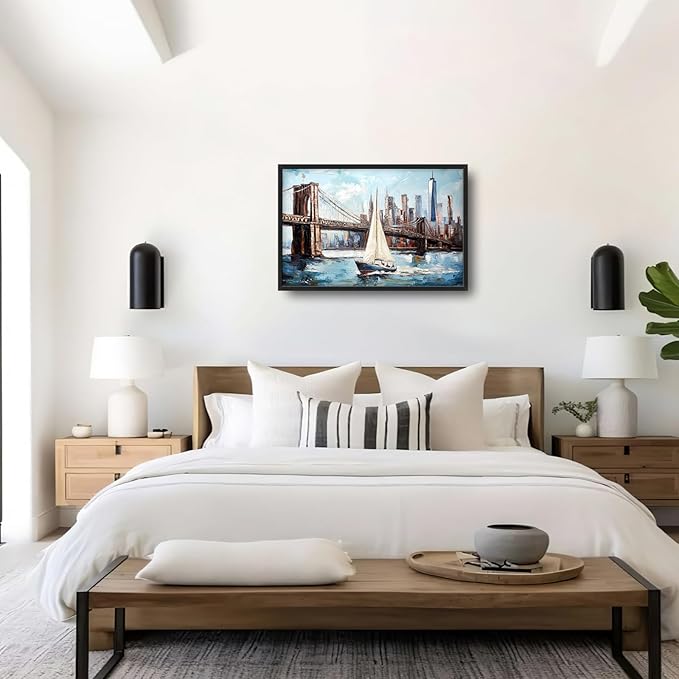 Extra Large Sailboat Framed Wall Art for Living Room,Oversized New York Brooklyn Bridge Pictures Wall Decor,Cityscape Canvas Print Painting Modern Artwork Bedroom Office Bathroom 36L x 24W