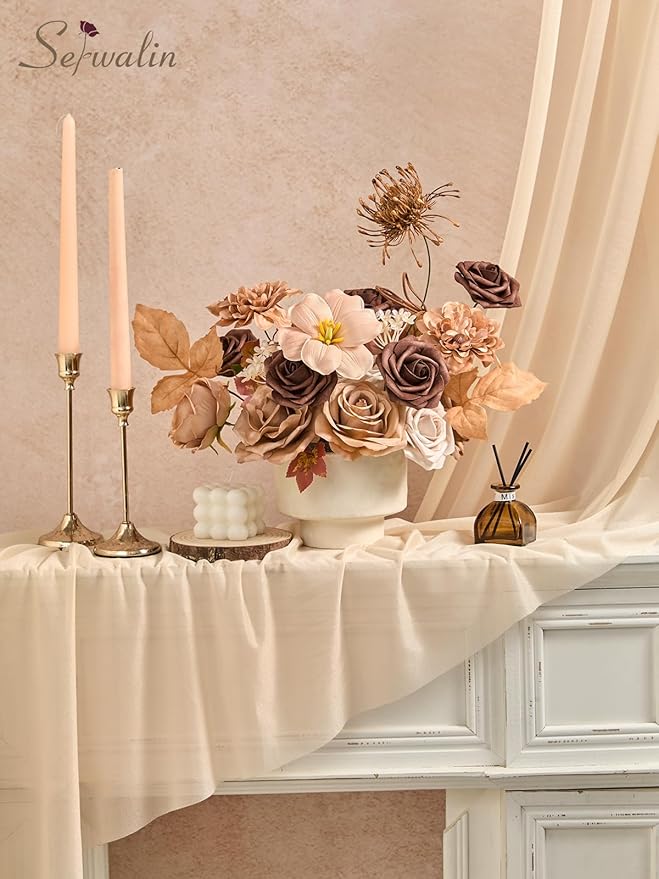 Serwalin Artificial Flowers,Brown & Apricot Fake Silk Flowers for DIY Wedding Bouquets Bridal Shower Centerpieces Floral Arrangements Party Tables Home Decorations