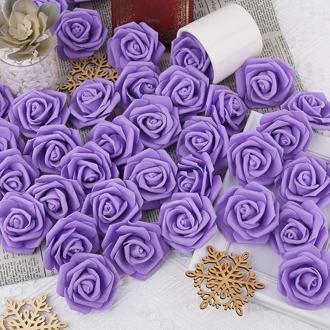 IPOPU Artificial Rose Flower Heads, 100 Pcs Real Looking Purple Foam Fake Roses for DIY Wedding Baby Shower Centerpieces Arrangements Party Tables Home Decorations (Purple 1, Stemless)