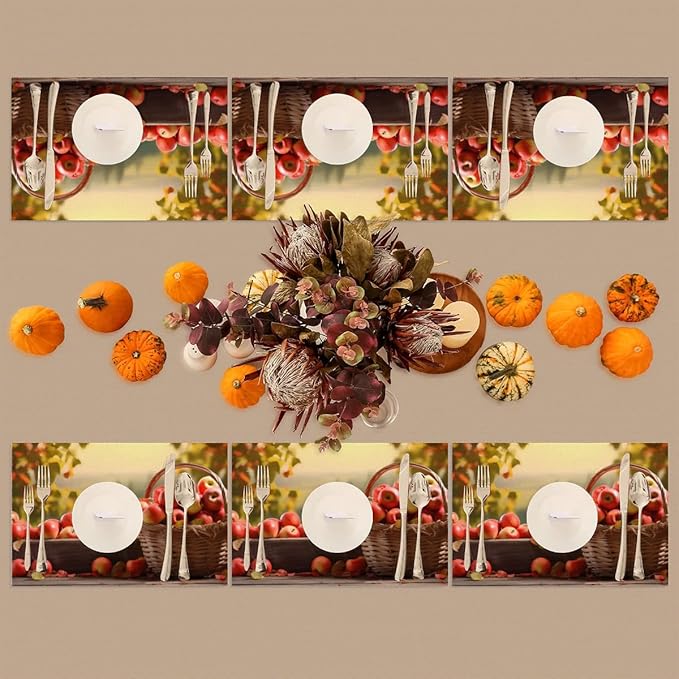 Fall Fruit Apple Placemats Set of 4 PVC Vinyl Non Slip Table Mats Waterproof Heat Resistant Place Mats Washable Wipeable Dining Table Mat for Kitchen Party Farmhouse Indoor Outdoor Decorative