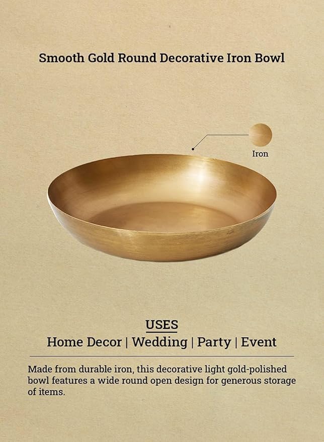 Serene Spaces Living Smooth Gold Round Decorative Iron Bowl, Large Table Centerpiece, Golden Container for Floral Arrangement, Fruits, Candies, Accessories, Measures 10" Diameter & 2" Tall, Set of 12
