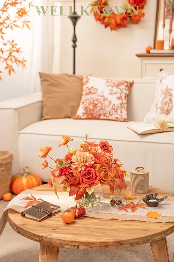 Artificial Flowers in Vase, Silk Rose Peony Dahlia Flower Bouquet Table Centerpieces with Faux Water for Winter Home Decor Fake Flowers Arrangement for Wedding Birthday Party Decor (Orange & Earth)