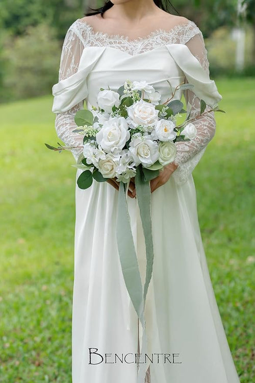 10 Inch White&Greenery Bridal Bouquet,Wedding Bouquet,Bride Bouquets for Wedding Ceremony Anniversary, Party and French Rustic Vintage Wedding,Artificial Flowers…
