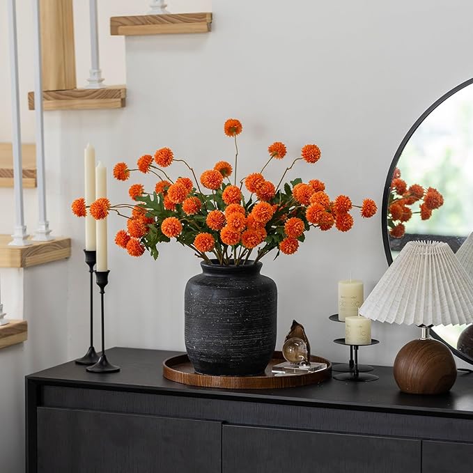 mizii 6Pcs Orange Fake Silk Pompon Mum Artificial Flowers Bulk Small Faux Chrysanthemums with Stems Realistic Floral Decorations for Wedding DIY Bouquet Centerpieces Shower Vase Home Decor (Orange)