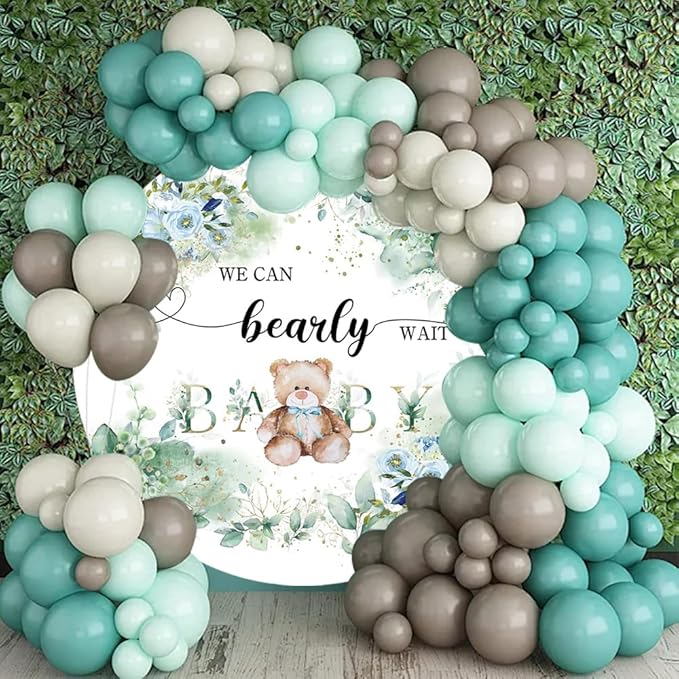 OERJU 6.5x6.5ft Bear Baby Shower Round Backdrop We Can Bearly Wait Lovely Photography Background Green Leaves Floral Circle Backdrop Cover Birthday Gender Reveal Party Decoration Photo Booth Props
