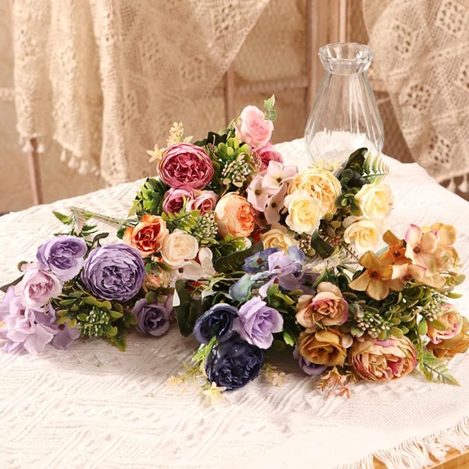ASTRYAS Artificial Flowers, Pink Artificial Peony Small Silk Flowers Fake Peonies Bouquet Rose Flower Arrangement Table Centerpiece for Dining Party Home Decoration(Pink)