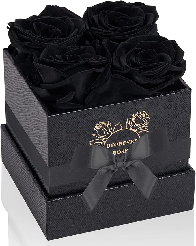 4-Piece Preserved Roses in a Box, Preserved Flowers, Roses Gift for Her, Black