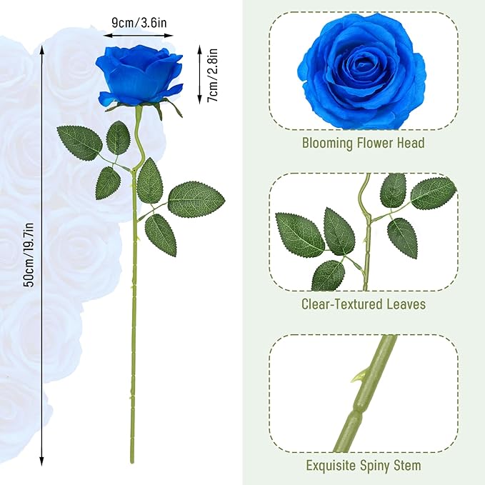 Waipfaru 16 Pcs Blue Roses Artificial Flowers, Fake Silk Roses with Long Stems, Faux Flowers for Independence Day Wedding Bouquet Centerpiece 4th of July Patriotic Decor (Royal Blue)