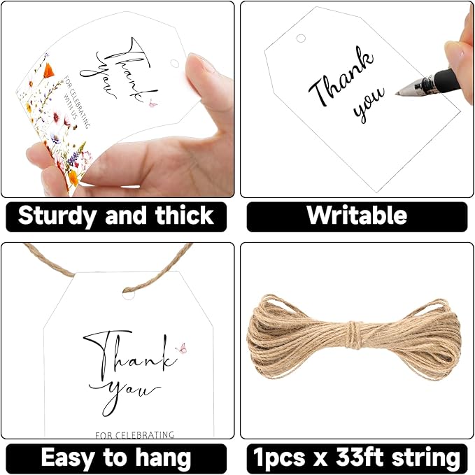 G2PLUS 50Pcs Wildflower Thank You Tags - Floral Gift Tags with String, Thank You for Celebrating with Us Tag, White Paper Party Favors Hangtag for Wedding, Baby Shower, Bridal Shower, Birthday