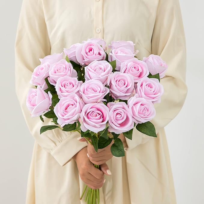 Hawesome Fake Roses Artificial Silk Flowers - 12 Pcs Pink Roses Artificial Faux Flowers with Stems for Home Wedding Centerpiece Hotel Office Decor