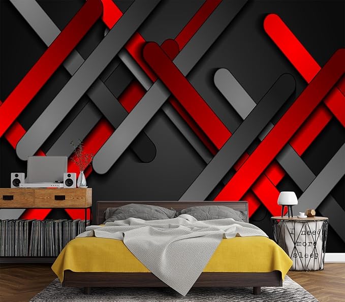 Eierme-Red and Black Smooth Stripes Abstract tech Geometric Background Peel and Stick 90" x 67"