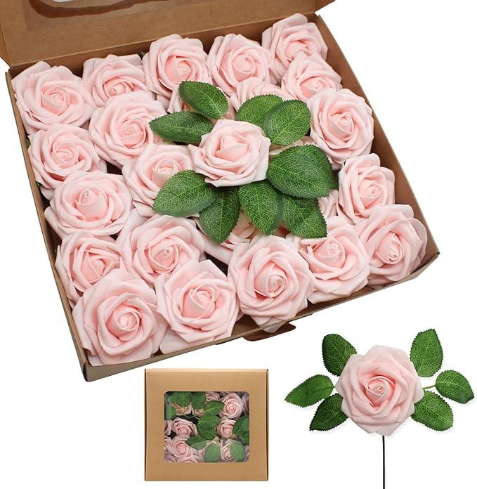 Light Pink Artificial Roses Flowers 100pcs Real Looking Foam Fake Roses with Stems for DIY Wedding Bouquets Bridal Shower Centerpieces Party Decorations (100, Light Pink)