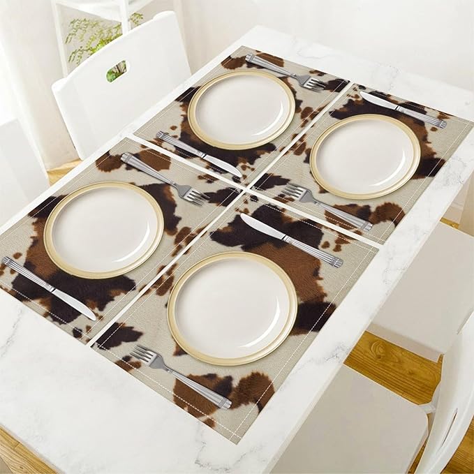 Cow Print Placemats Set of 4 Rustic Farmhouse Brown Cowhide Print Western Style Art Printed Dining Table Mats for Restaurant Home Kitchen Holiday Decor 12x18in