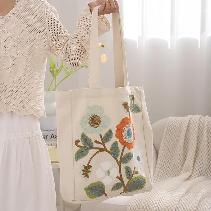 Aesthetic Embroidery Tote Bag for Lady Cute Reusable Canvas Shoulder Bag for Girls Women Shopping Grocery