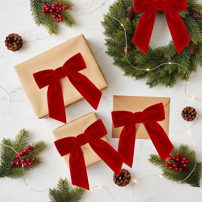 30 Pcs Velvet Ribbon Bows 5" x 4" Pre Tied Christmas Velvet Bows with Twist Tie for Gift Packaging Christmas Tree Wreaths Door Windows Wedding Party Decoration(Red)