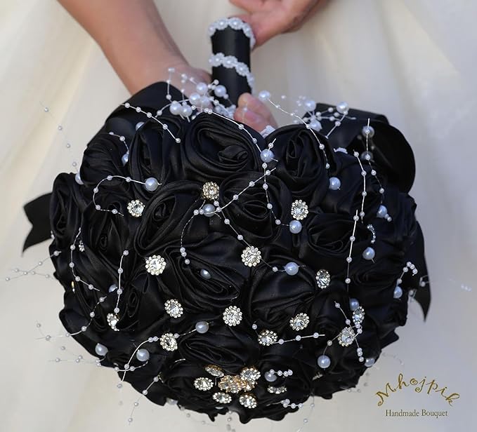 Bridal Wedding Bouquet Round Bling Brooch Bouquet Throw Toss Artificial Rose Flower Bunch for Bride Bridesmaid Wedding Quinceanera(Black, 9.8")