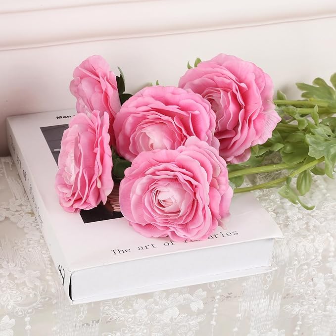 Faux Ranunculus 5PCS Real Touch Flowers Pink Peonies 21.6” Pink Ranunculus Long Stem Artificial Flowers for Tall Vase for Weddings Bridal Bouquet Baby Shower Decorations