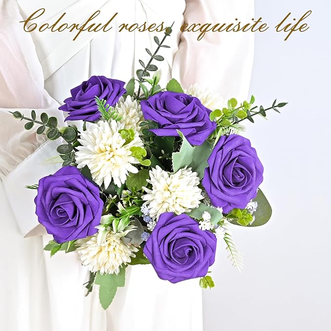 BLEUM CADE 16Pcs Artificial Flowers Fake Roses with Stems, Deep Purple Boxed Foam Roses for DIY Bouquets Centerpieces Wedding Party Arrangement Bridal Shower Decor