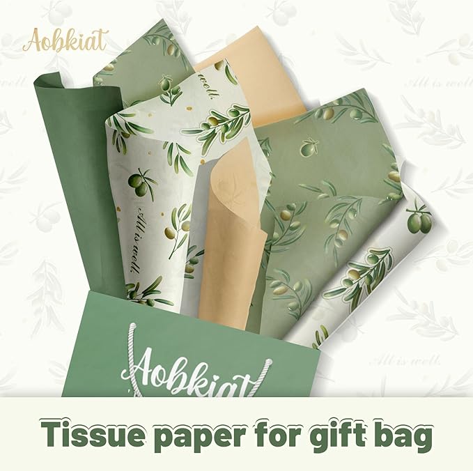 Aobkiat Christmas Green Tissue Paper for Bags,20 x 15 Inch Olive Leaf Wrapping Paper for Friends Family Present Packaging Gift Wrap,Wedding,Birthday,Xmas,New Year,DIY Craft,24 Sheets