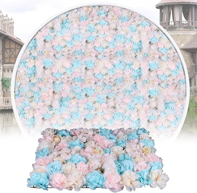 LOYALHEARTDY 12 Pack Artificial Flower Wall Panels 24" x 16" Blue & Pink Faux Hydrangea and Rose Artificial Flower Backdrop Panels for Wedding Party Event Flower Wall Decor